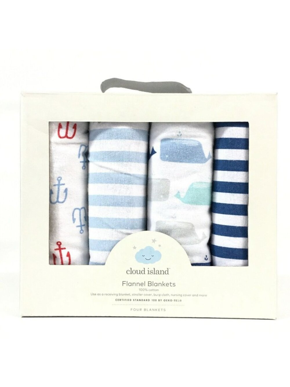 Cloud Island Baby Flannel Blankets Blue Nautical Striped Whales 30 x 30" 4 Pack